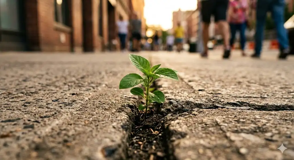 test-resiliencia-fuerza-mental Planta creciendo a través del cemento, representando la resiliencia y la fuerza mental.