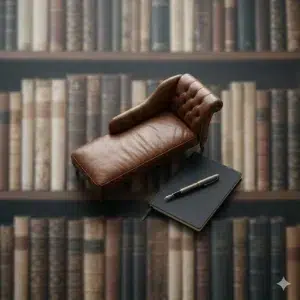 Imagen conceptual del Curso de Psicoanálisis Online de Ánima Psicólogos, mostrando una clásica chaise lounge de cuero y un cuaderno de notas para la interpretación, simbolizando el estudio del inconsciente.