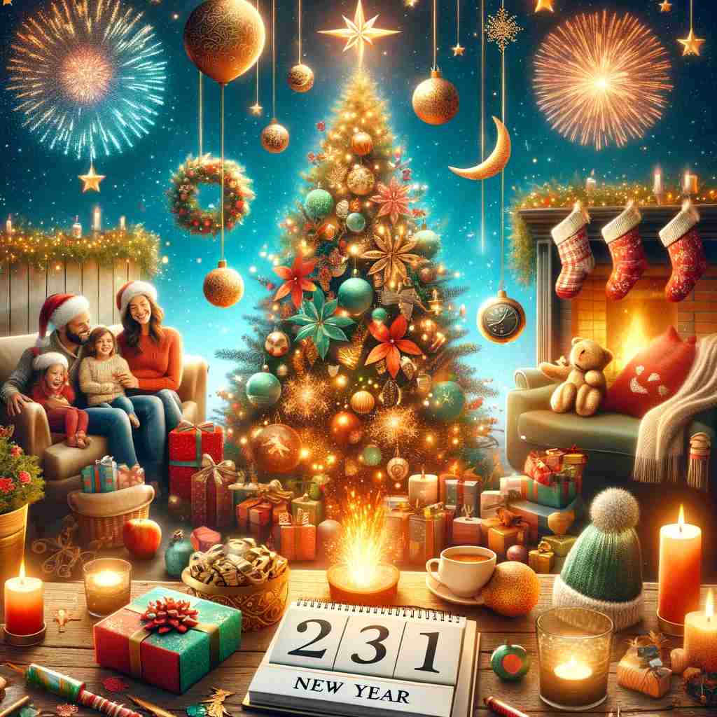 festive_holiday_image Here is a festive holiday image that captures the spirit of happiness, gratitude, and connection during Christmas and New Year, perfect for your article. The image includes symbols like a Christmas tree, gifts, a family gathering, and elements of the New Year, all set in a cozy and joyful environment.