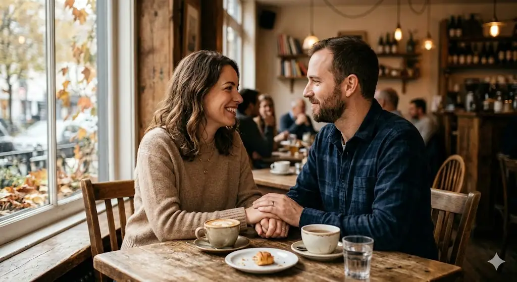 Pareja sonriendo y tomándose de la mano compartiendo tiempo de calidad, representando el test de los 5 lenguajes del amor de Gary Chapman.