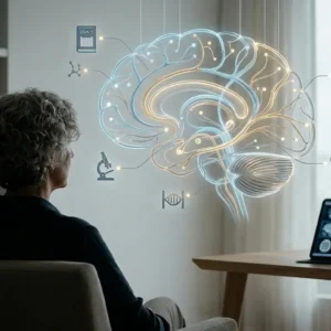 Fotografía conceptual que representa el diagnóstico y tratamiento psiquiátrico en el contexto de un curso de psiquiatría completo. Muestra una silueta humana con un mapa cerebral neural brillante integrado, simbolizando la complejidad de la mente y la recuperación profesional en Ánima Psicólogos.