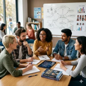 Curso de Psicología Social: Estudiantes en un debate de grupo. Una toma de ángulo medio muestra a cinco estudiantes universitarios de diversas etnias sentados alrededor de una mesa de madera cuadrada, participando activamente en una discusión de grupo animada. Una mujer negra en el centro, con un jersey amarillo y gafas, gesticula con las manos mientras habla. Sus compañeros, dos hombres y dos mujeres, la escuchan atentamente y aportan sus propias ideas. Sobre la mesa hay libros de texto, cuadernos, bolígrafos y una tableta digital con un gráfico de red social. Al fondo, una pizarra blanca está cubierta de diagramas hechos a mano que exploran conceptos de psicología social como "influencia social", "grupos", "identidad", "empatía" y "cognición". El aula es moderna, bien iluminada por una gran ventana que da al exterior, donde se ve a otros estudiantes en el campus. El ambiente es colaborativo e intelectualmente estimulante.