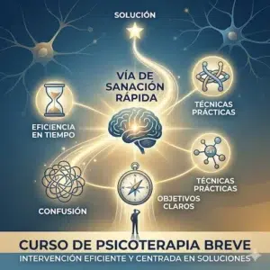 Infografía conceptual del Curso de Psicoterapia Breve en Ánima Psicólogos, mostrando un cerebro central iluminado rodeado de pilares terapéuticos como eficiencia en tiempo, objetivos claros y técnicas prácticas para lograr una sanación rápida de la confusión.
