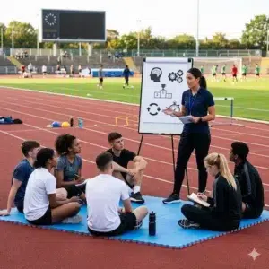 Profesora explicando conceptos de rendimiento mental a un grupo de atletas en una pista durante un curso de psicología deportiva.