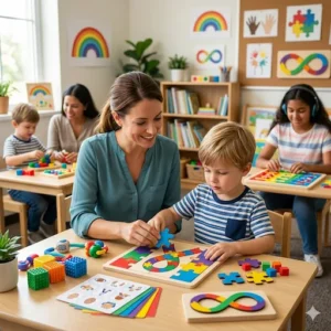 En el marco del Curso Trastornos del Espectro Autista, Fotografía de un aula inclusiva donde una educadora sonriente ayuda a un niño pequeño a armar un rompecabezas. En la mesa hay juguetes sensoriales y tarjetas de comunicación, y al fondo se ven otros niños realizando actividades, incluyendo una niña con auriculares de cancelación de ruido.