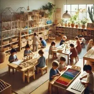 clase representativa con Materiales educativos de madera en un ambiente preparado para el curso del método montessori online