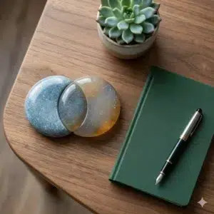 Imagen conceptual del Curso de Terapia Dialéctica Conductual Online (TDC), mostrando piedras en equilibrio representando la 'Mente Sabia' y un diario de práctica sobre un escritorio de madera.