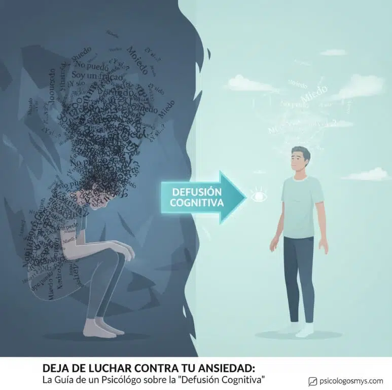Ilustración que compara la lucha contra la ansiedad con la defusión cognitiva. A la izquierda, una persona se ve abrumada por pensamientos negativos que la rodean. A la derecha, la misma persona observa tranquilamente esos pensamientos a distancia, simbolizando control y aceptación. La imagen representa el concepto de defusión cognitiva para manejar el estrés y la ansiedad