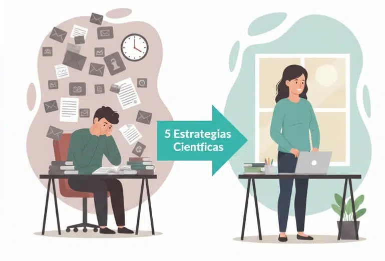 Del Agotamiento al Equilibrio Protegiendo tu Salud Mental en el Trabajo (1) Ilustración que representa el contraste entre el burnout laboral y la salud mental protegida. A la izquierda, una persona estresada y abrumada en un escritorio. A la derecha, la misma persona se muestra tranquila y equilibrada en un entorno de trabajo organizado. La imagen simboliza estrategias para prevenir el agotamiento profesional.
