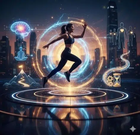 Psicología Deportiva: El Poder del Entrenamiento Mental Una atleta femenina está corriendo en el centro de un círculo de energía brillante, rodeada por elementos que representan la psicología deportiva. A la izquierda, se ven un cerebro resplandeciente, una figura meditando en posición de loto y una montaña con una bandera que simboliza metas. A la derecha, se observan siluetas de personas con corazones iluminados, un diagrama de flujo con engranajes, un reloj de arena y flechas que indican "disfrutar" y "lograr". El fondo muestra un paisaje urbano nocturno con rascacielos. La imagen evoca conceptos de resiliencia, flujo, liderazgo, entrenamiento mental y el cultivo del disfrute en el proceso.