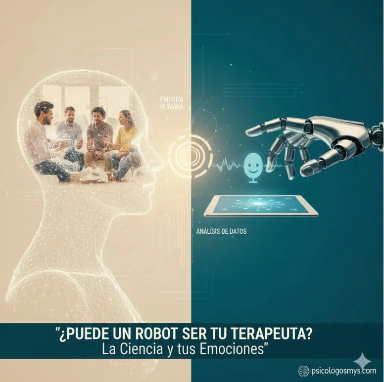 Terapia Humana vs. Terapia con IA: Un Enfoque Comparativo Comparación visual entre la terapia humana y la inteligencia artificial en salud mental. Lado izquierdo muestra una silueta de cabeza humana con personas conversando en grupo dentro, simbolizando empatía humana. Lado derecho muestra una mano robótica interactuando con una tablet que muestra datos y un icono de chatbot, representando el análisis de datos. La imagen ilustra el contraste entre la conexión emocional y la tecnología en psicoterapia