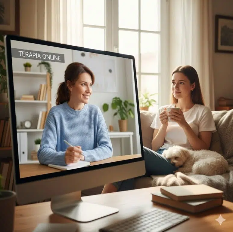 Beneficios de la Terapia Online: Comodidad y Accesibilidad Paciente cómoda en su sofá realizando una sesión de terapia online con una psicóloga por videollamada
