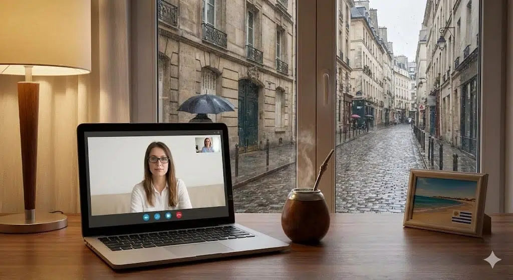 Terapia online para uruguayos en el exterior Escritorio con un mate y una laptop mostrando una sesión de terapia online, con vista a una calle europea lluviosa y una foto de Uruguay, ilustrando la conexión para expatriados.