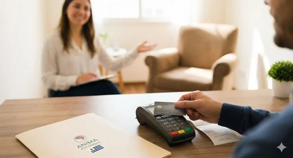 Pago tarifa psicólogo con tarjeta ANIMA Primer plano de un paciente pagando con tarjeta la tarifa de un psicólogo en el consultorio de ANIMA Psicólogos en Uruguay.