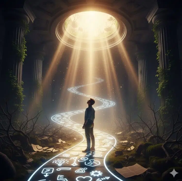 Persona sentada en un espacio interior de piedra o templo antiguo, mirando hacia un rayo de luz que simboliza el camino o la claridad. Representa la introspección y el hallazgo de la solución al estancamiento en la terapia