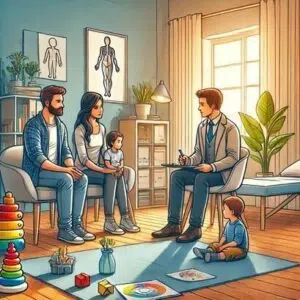 imagen que representa la psicoterapia infantil y adolescente con terapeueta y familia