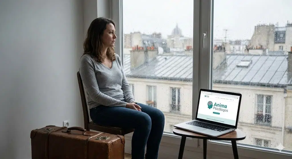 Mujer expatriada experimentando duelo migratorio mira por una ventana lluviosa en una ciudad desconocida junto a su maleta, mientras su portátil muestra la web de Anima Psicólogos para buscar un psicólogo para migrantes.