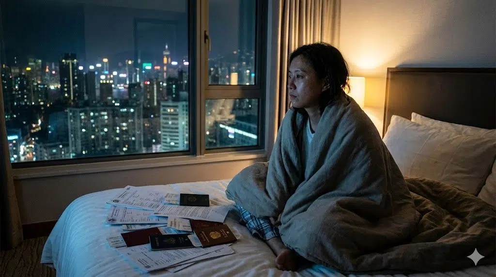 La cara visible del Síndrome de Ulises Cuando la soledad y la presión por sobrevivir impiden el descanso. Mujer migrante sentada sola en una habitación oscura con expresión de fatiga e insomnio mirando por la ventana, representando el estrés crónico y el Síndrome de Ulises.