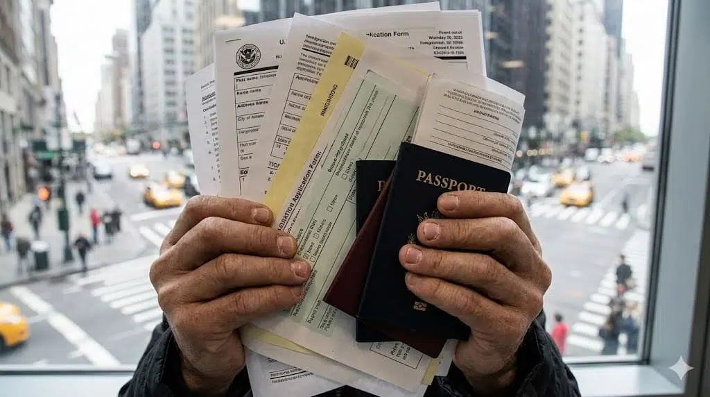 Síndrome de Ulises: Cuando emigrar se convierte en estrés crónico 2 Primer plano de manos tensas de un expatriado sujetando pasaportes y formularios de inmigración complejos frente a una ventana urbana, ilustrando la ansiedad burocrática del Síndrome de Ulises.