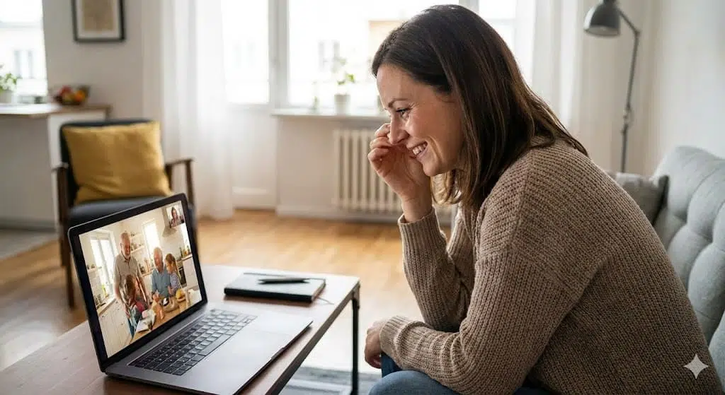 Duelo Migratorio: Cuándo buscar ayuda de un psicólogo para inmigrantes 2 Mujer en videollamada sintiendo nostalgia, tema tratado por un psicólogo para migrantes.