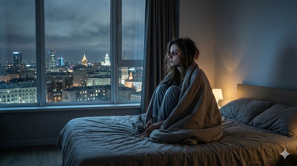 Síndrome de Ulises: Cuando emigrar se convierte en estrés crónico 1 Mujer migrante sufriendo insomnio y estrés crónico sentada en la cama por la noche mirando una ciudad extranjera, síntoma principal del Síndrome de Ulises.