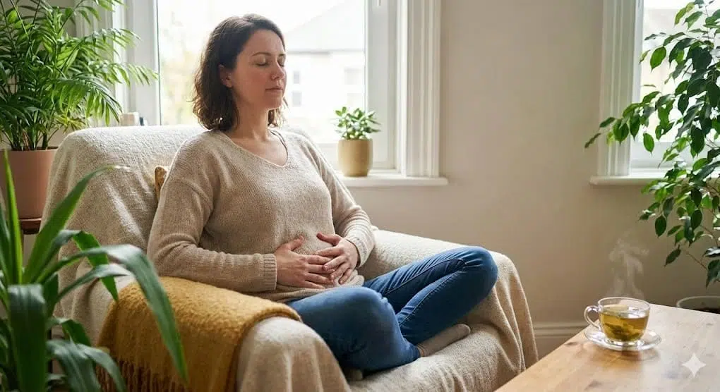 Técnica de respiración para controlar la ansiedad y los ataques de pánico (1) Mujer practicando ejercicios de respiración diafragmática para calmar un ataque de pánico o ansiedad en un entorno tranquilo - ANIMA Psicólogos Montevideo