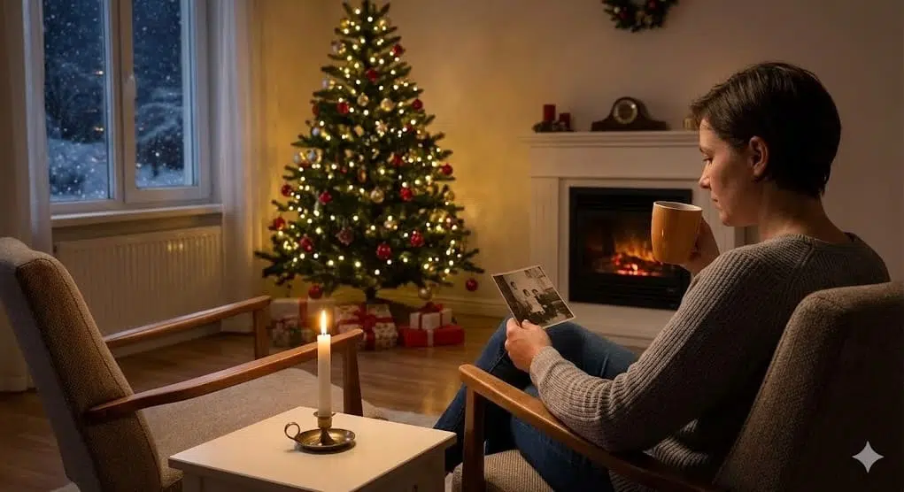 La Navidad como rito ancestral y su impacto en nuestra salud mental 1 Mujer sentada en un sillón mirando con nostalgia una fotografía antigua frente a una silla vacía y una vela encendida, con un árbol de Navidad iluminado y nieve en la ventana de fondo. Representación del duelo y la ausencia en Navidad.