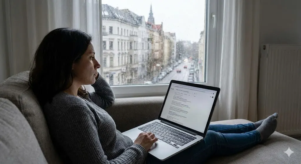 Expatriada con soledad en Europa buscando psicólogo online en español Psicólogo online en Europa. Una mujer expatriada con expresión melancólica mira por una ventana lluviosa en una ciudad europea gris. En su regazo tiene un portátil abierto donde busca ayuda profesional para la ansiedad y la soledad del emigrante en español.