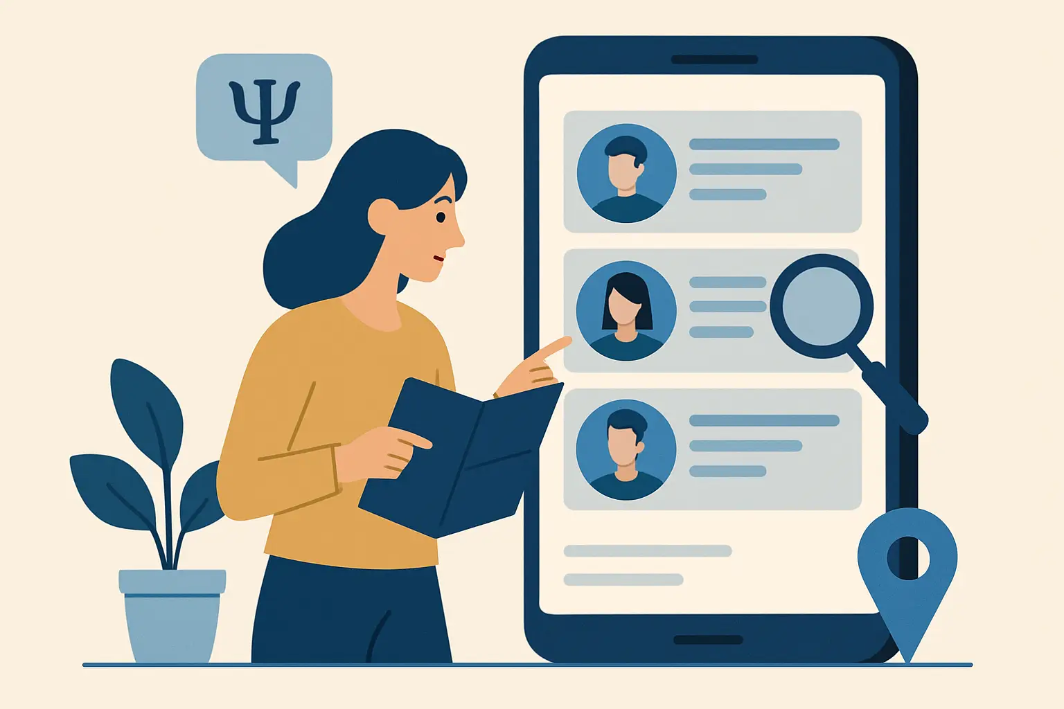 cómo buscar un psicólogo cómo buscar un psicólogo. Persona buscando psicólogo en un directorio online verificado.