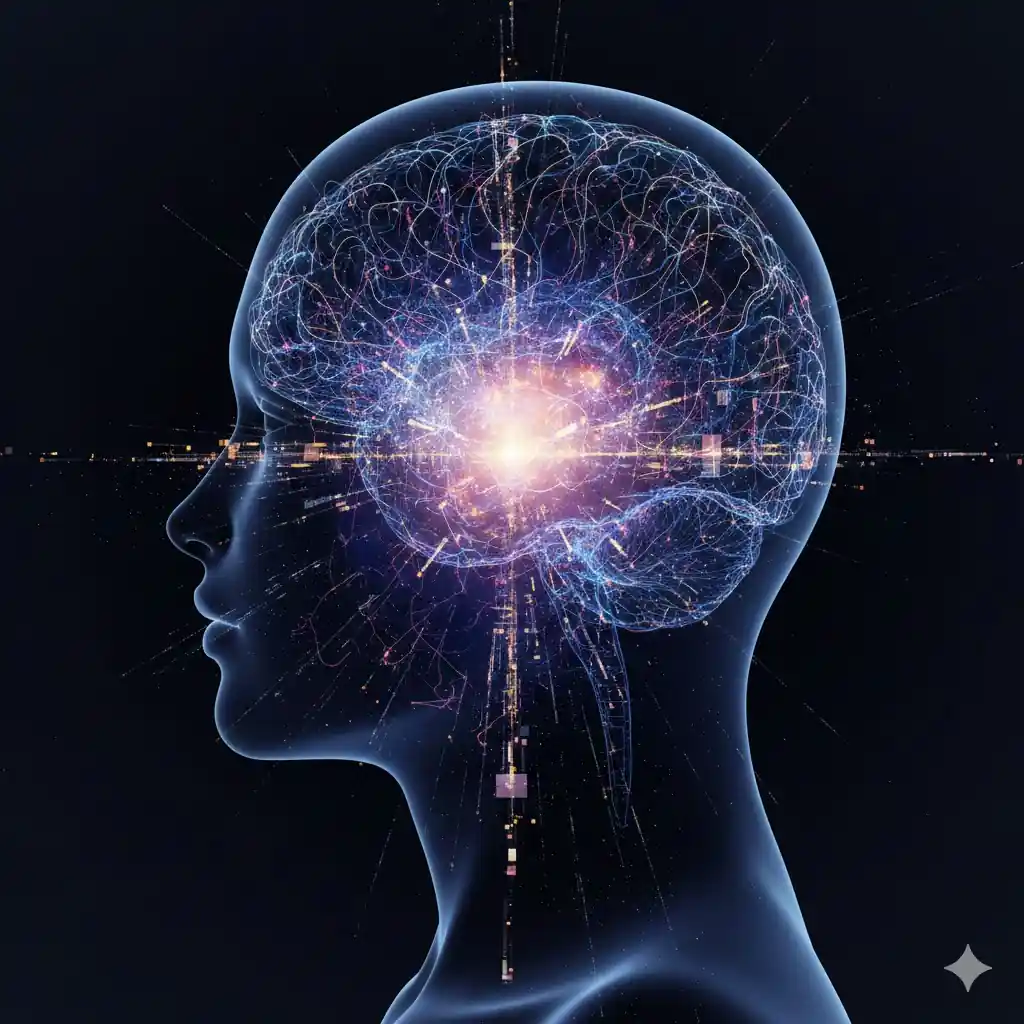 conectoma-humano-futuro-neurociencia-psicologia Representación artística y futurista de la mente humana, mostrando una silueta de perfil llena de una compleja red de conexiones neuronales bioluminiscentes en tonos azules y morados, simbolizando el conectoma cerebral, la neurodiversidad y los avances en la neurociencia aplicada a la psicología.