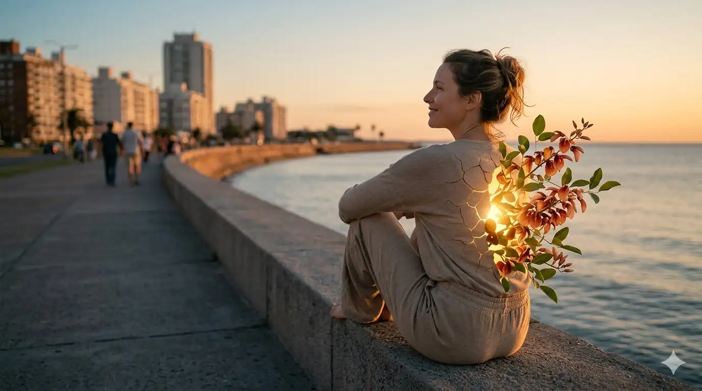 Sanar tus vínculos. Sanación de Vínculos y Paz Interior Sanar tus vínculos. Imagen ilustrativa de una persona en la Rambla de Montevideo al atardecer, sentada pacíficamente mientras luz dorada y flores de ceibo emergen de fracturas simbólicas en su cuerpo, representando el proceso de sanar vínculos internos y vacíos para recuperar la paz con Ánima Psicólogos.