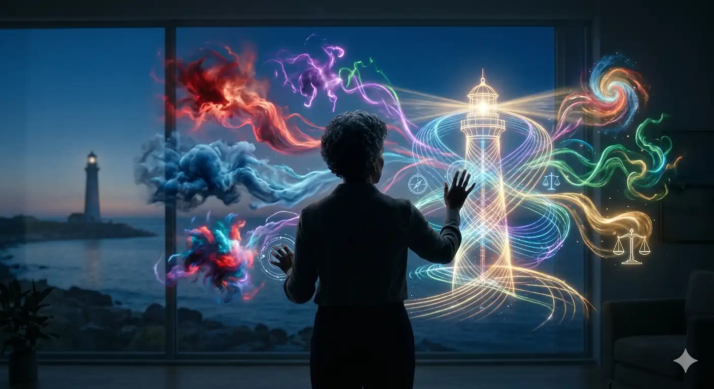Mente Sabia regulacion emocional inteligencia emocional Mente Sabia. Fotografía conceptual profesional que ilustra el proceso de la regulación emocional y la inteligencia emocional en Ánima Psicólogos. Muestra una silueta humana contemplando una interfaz holográfica donde flujos turbulentos de emociones diversas y colores intensos son armonizados y organizados activamente en patrones de luz elegantes y cohesivos, con una sutil vista costera uruguaya al fondo.