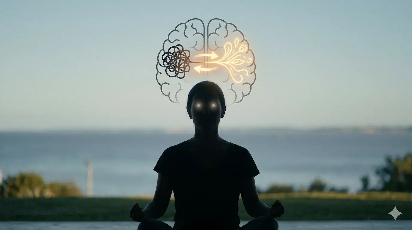 sanacion-del-trauma-con-emdr-y-reprocesamiento-del-pasado Fotografía conceptual profesional que ilustra la sanación del trauma mediante EMDR. Muestra una silueta humana contemplando una visualización abstracta del cerebro donde un flujo de luz rítmico y bidireccional 'desatasca' un patrón oscuro y enredado de recuerdos dolorosos hacia un patrón claro y fluido, con una sutil vista uruguaya al fondo.