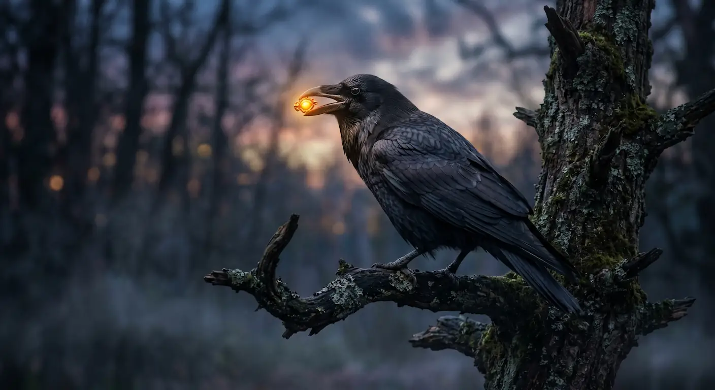 Arquetipos Psicológicos Trickster: Lecciones de Mitología y Vida 1 Imagen de un cuervo místico sosteniendo un objeto brillante en el bosque al atardecer, representando los mitos fundacionales del trickster en culturas indígenas.