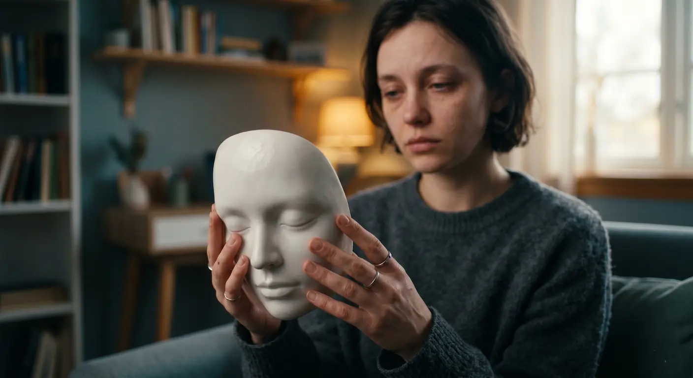 Autismo en adultos. Fotografía conceptual clínica que ilustra el masking o enmascaramiento psicológico en el autismo, mostrando una máscara de porcelana sostenida frente al rostro real.