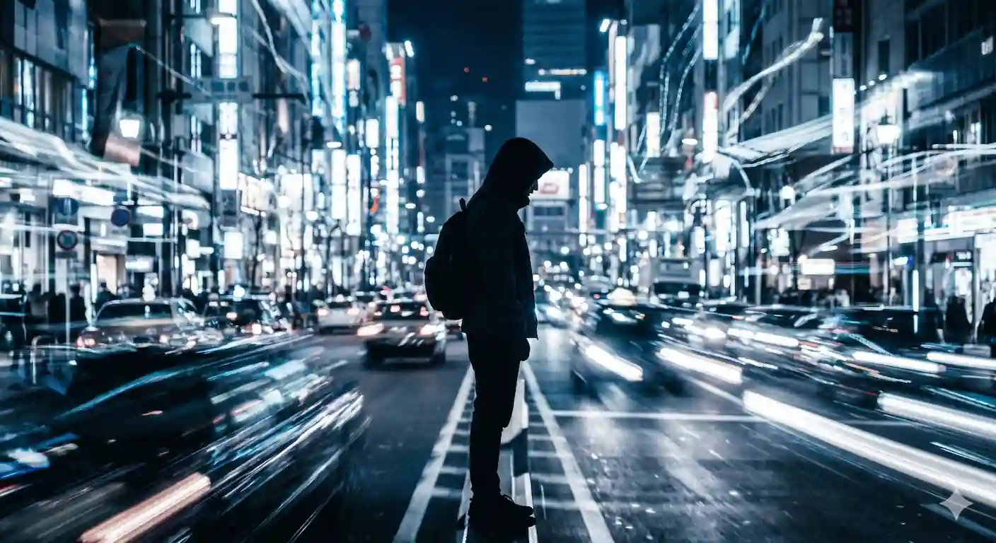 Autismo en adultos Imagen abstracta representando la hipersensibilidad y la sobrecarga sensorial en adultos, mostrando una figura humana aislada en un entorno de luces y estímulos abrumadores.