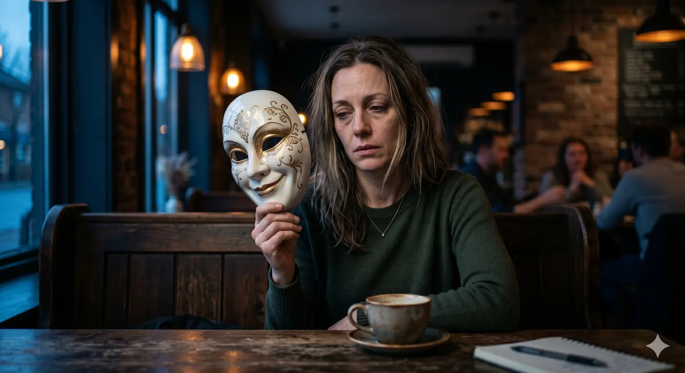 Autismo y TDAH en mujeres. Fotografía conceptual de una mujer adulta sosteniendo una máscara de porcelana, representando el agotador camuflaje social en el autismo femenino.
