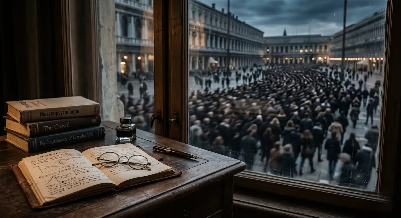 Fotografía conceptual sobre la psicología de las masas mostrando un escritorio psicoanalítico frente a una gran multitud difuminada.