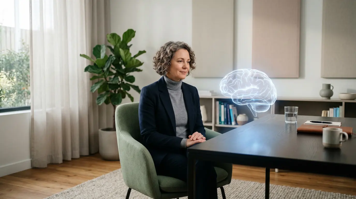 El Autismo en Adultos: Etiopatogenia Neuroquímica y Diagnóstico Diferencial 1 diagnostico diferencial autismo adultos. Mujer pensativa con cerebro holográfico
