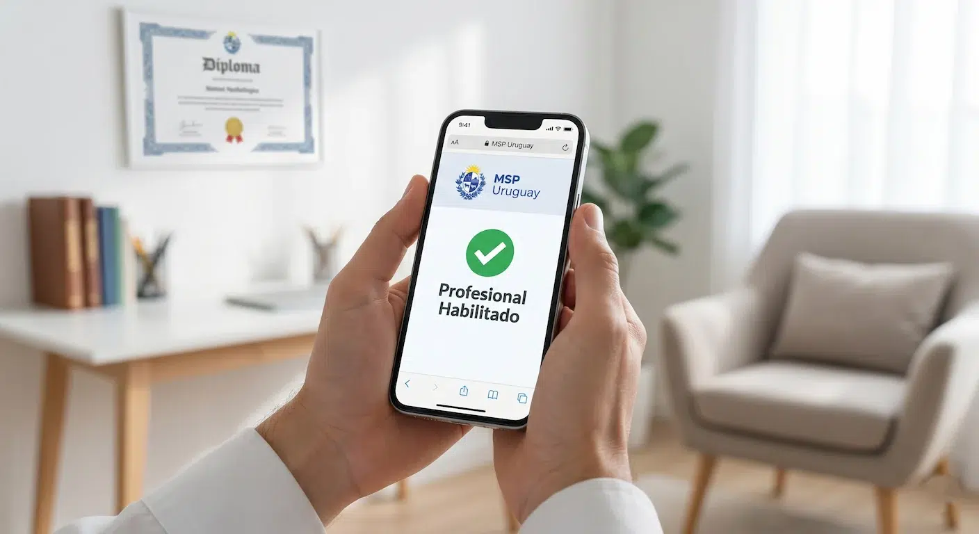 Verificación online de un psicólogo habilitado en el portal oficial del MSP Uruguay desde un teléfono móvil. psicólogo habilitado msp