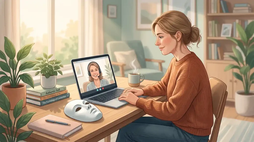 Por qué una evaluacion tea adultos online es clínicamente más precisa que la presencial 1 Mujer en videollamada, ambiente acogedor.