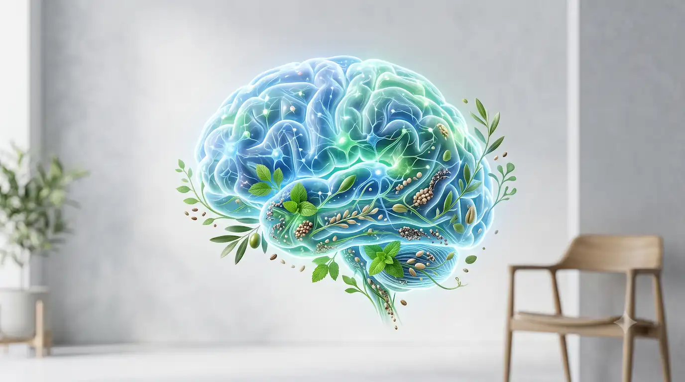 hambre emocional. Cerebro iluminado con elementos naturales.