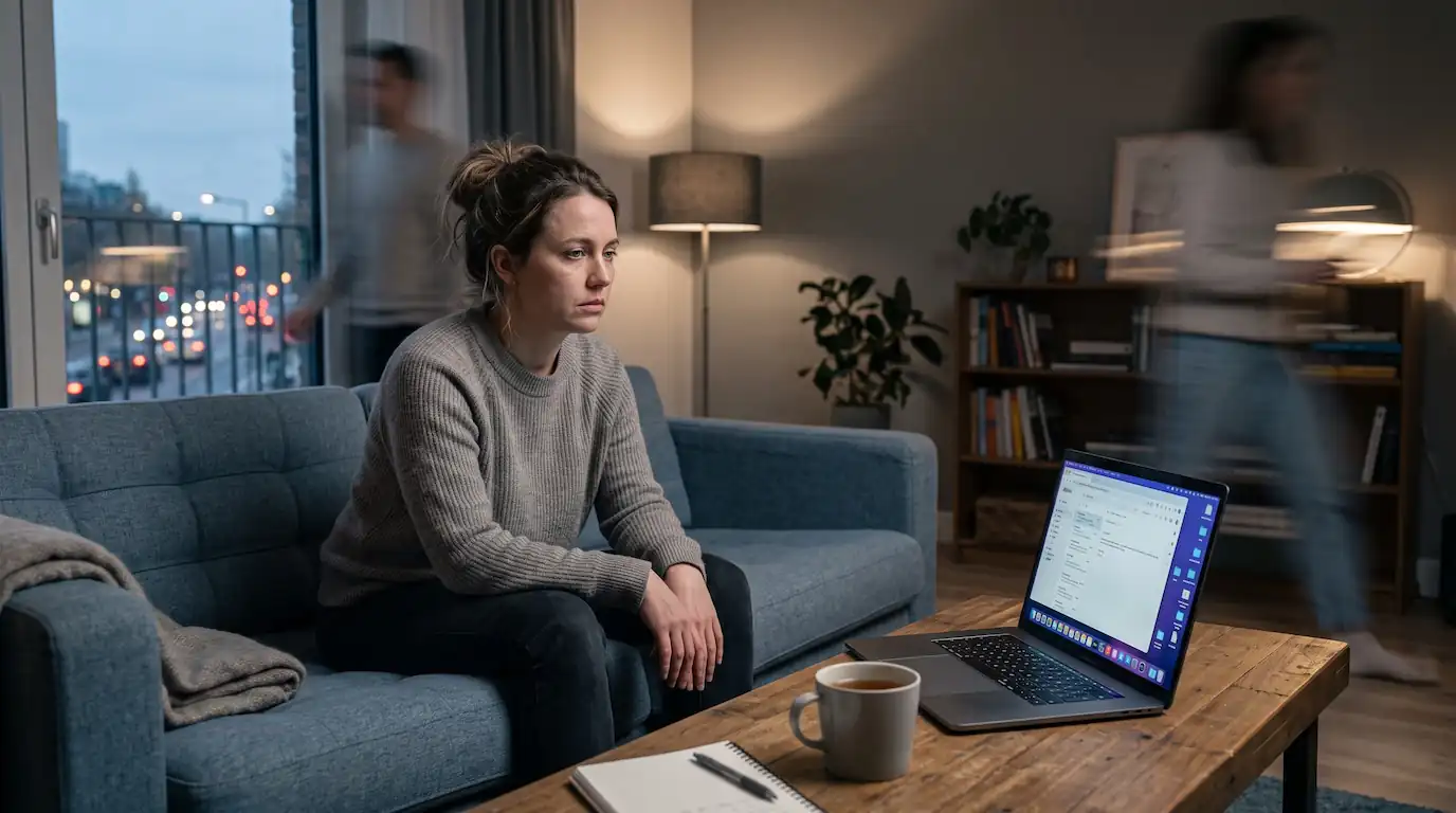 paralisis de tareas. Mujer pensativa frente a computadora.